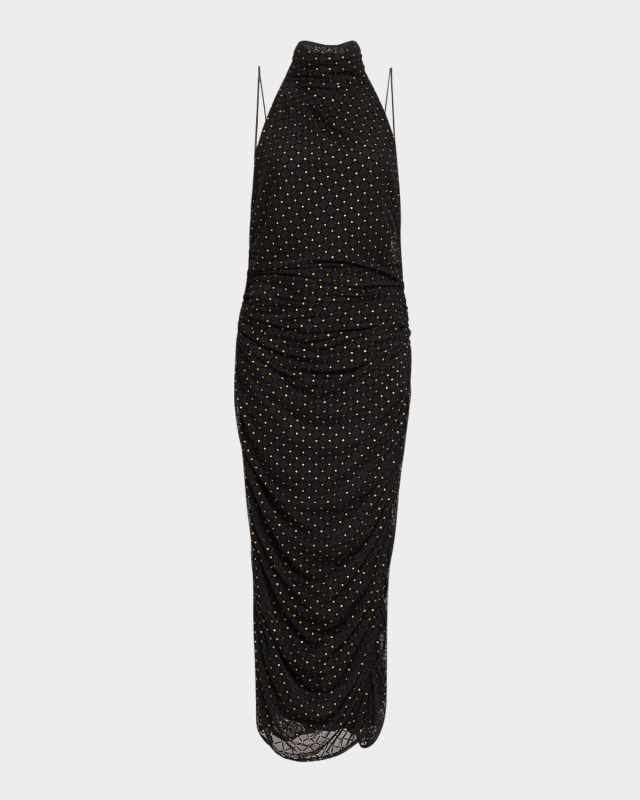 Ruched Shimmer Dot Halter Midi Dress